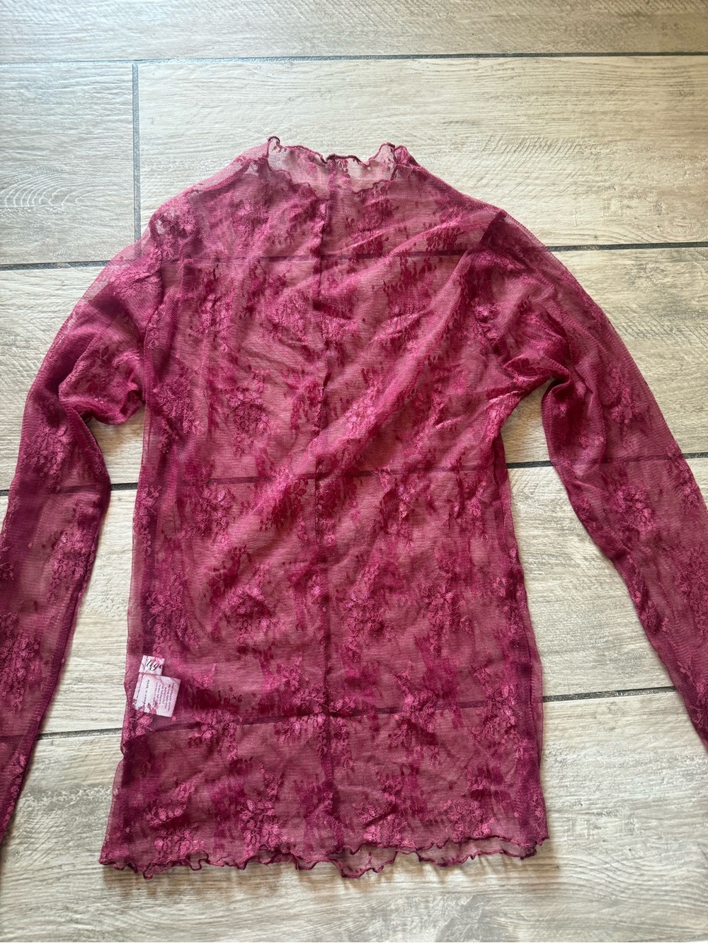 Sheer Floral Lace Long Sleeve Top - Burgundy